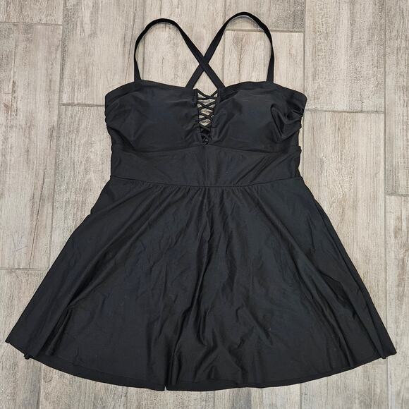 Torrid Wireless Lattice Front Swim Dress Womens 2 US 18 / 20 Black Skater Plus - Picture 4 of 14